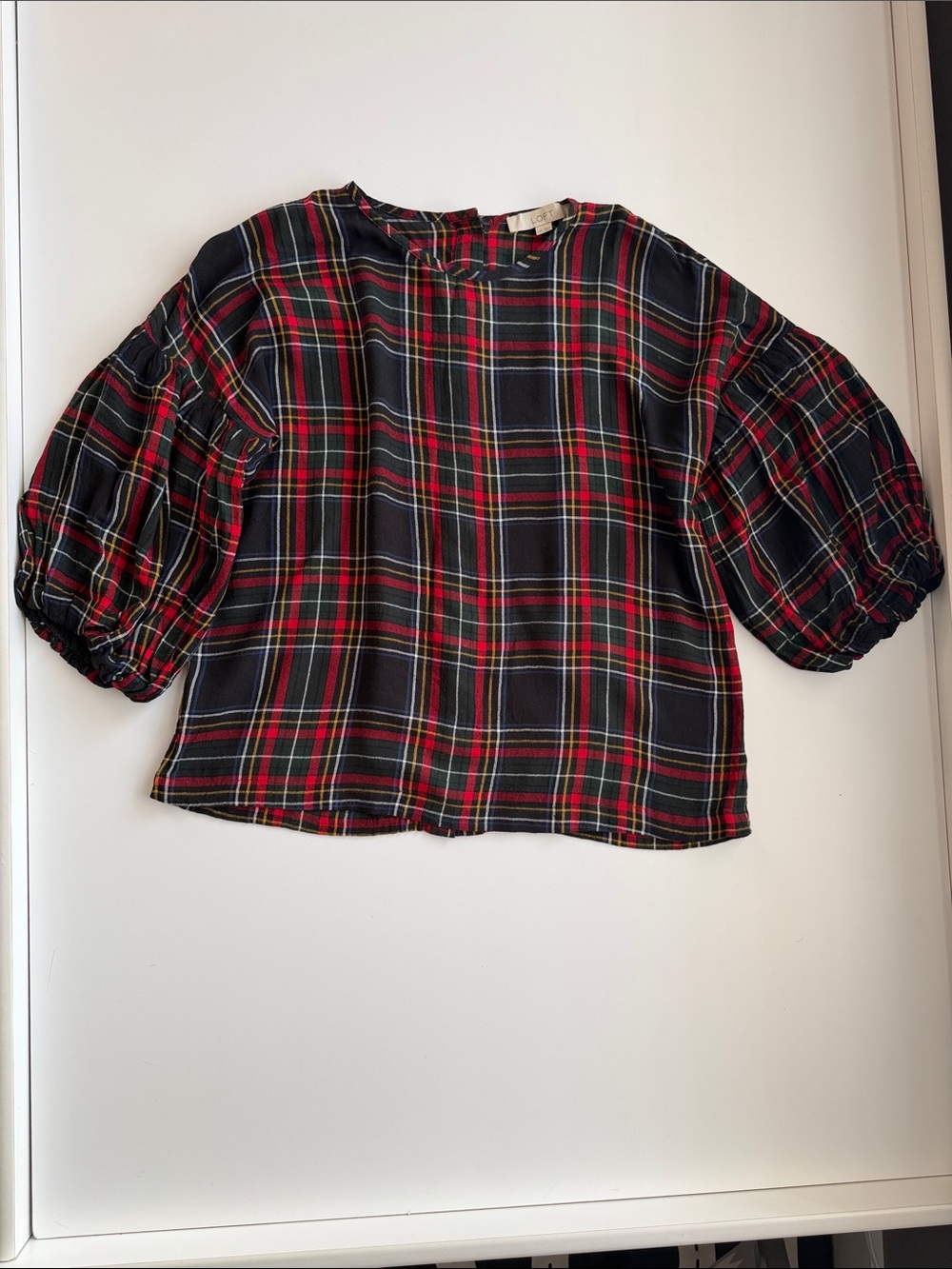 LOFT Tartan Puff-Sleeve Button-Back Top - Red, Navy & Green - Picture 1 of 4